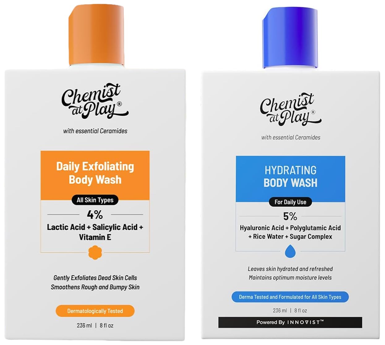 Chemist At Play 1% Salicylic Acid Exfoliating Body Wash 236ml For Men & Women + Hydrating Body Wash For Women + & Men | 236ml