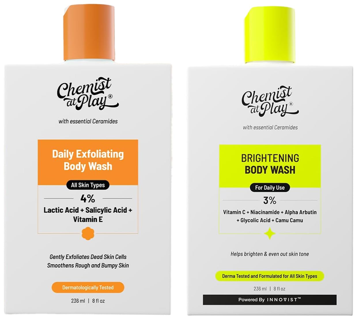 Chemist At Play 1% Salicylic Acid Exfoliating Body Wash 236ml For Men & Women + Brightening Body Wash For Women + & Men | 236mL