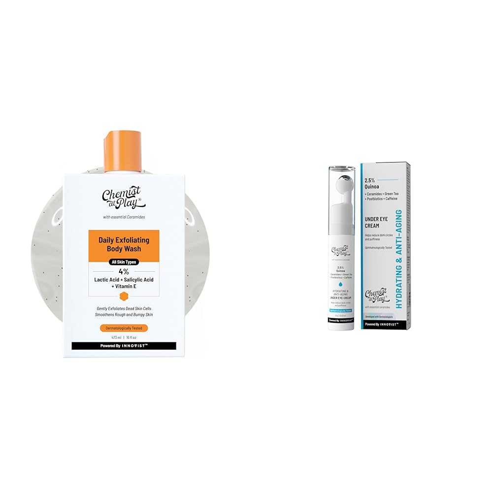 Chemist At Play 1% Salicylic Acid Exfoliating Body Wash 473ml For Men & Women + Under Eye Cream with 2% Revital Eye & Quinoa Extract Cooling Gel & Roller for Men & Women | 15 g