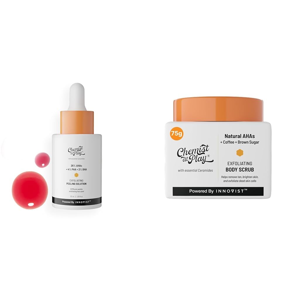 Chemist At Play 26% AHA 2% BHA 4% PHA Peeling Solution Derma Tested | 30ml + Exfoliating Body Scrub For Removing Tan & Dead Skin Cells For Men & Women | 75g