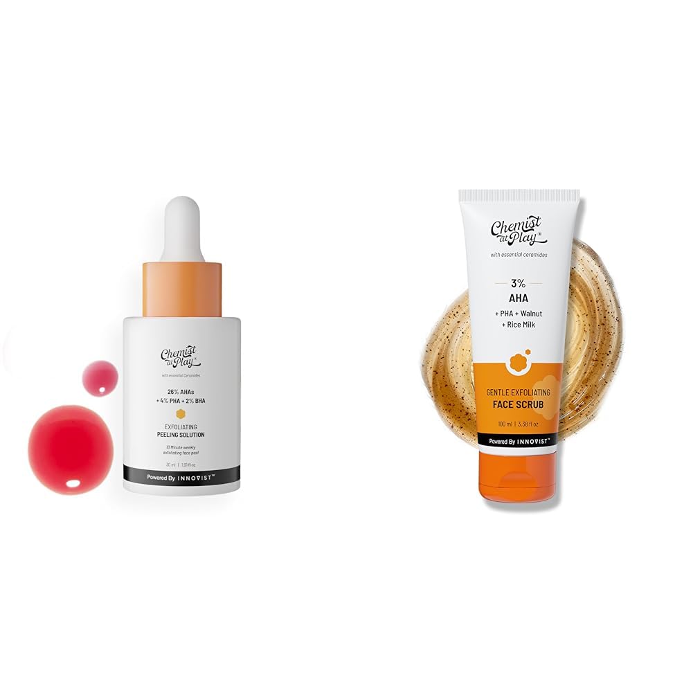 Chemist At Play 26% AHA 2% BHA 4% PHA Peeling Solution Derma Tested | 30ml + Gentle Exfoliating Face Scrub with Mandelic Acid & Walnuts for Women & Men | 100ml