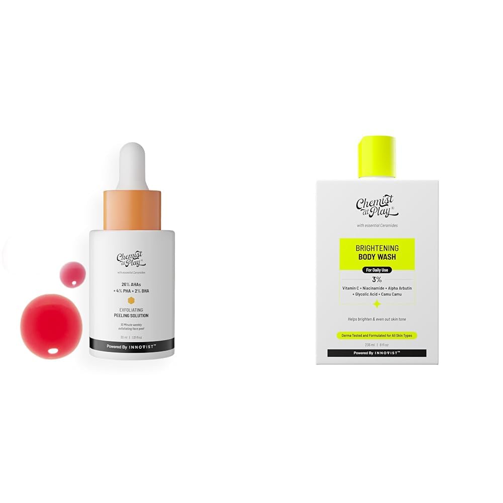 Chemist At Play 26% AHA 2% BHA 4% PHA Peeling Solution Derma Tested | 30ml + Brightening Body Wash For Women & Men | 236mL