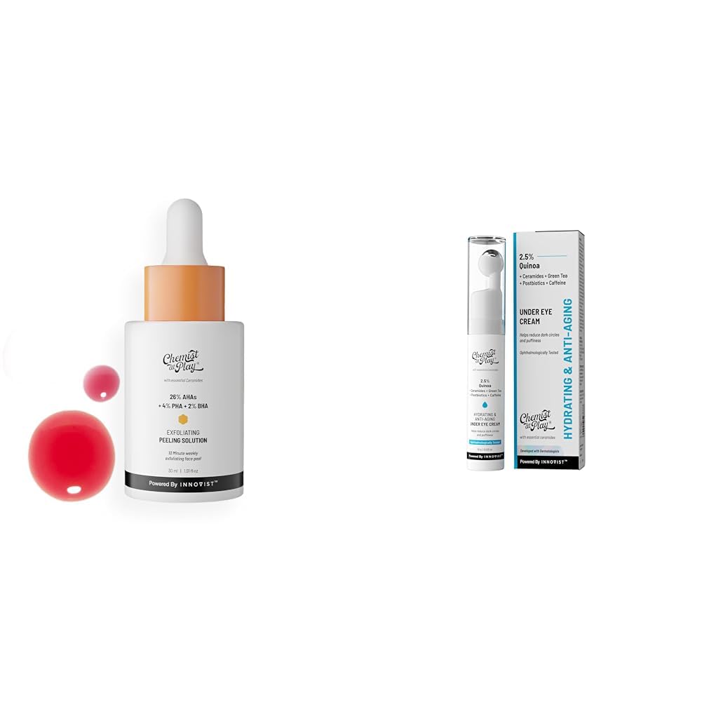 Chemist At Play 26% AHA 2% BHA 4% PHA Peeling Solution Derma Tested | 30ml + Under Eye Cream with 2% Revital Eye & Quinoa Extract Cooling Gel & Roller for Men & Women | 15 g