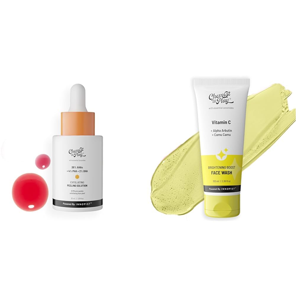 Chemist At Play 26% AHA 2% BHA 4% PHA Peeling Solution Derma Tested | 30ml + Brightening Boost Face Wash with 30x Vitamin C For Men & Women | Vegan | SLS & Paraben Free | 100 ml