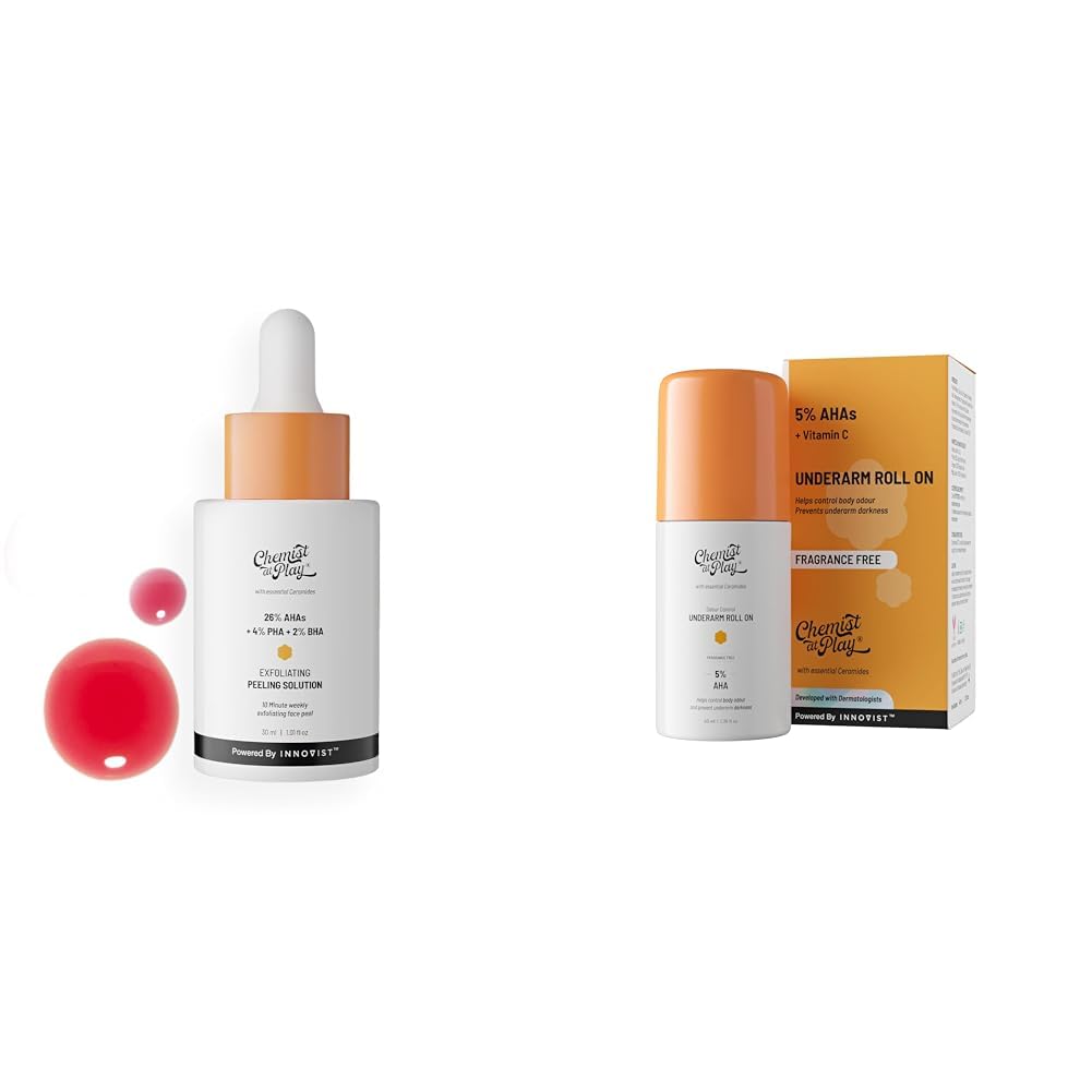 Chemist At Play 26% AHA 2% BHA 4% PHA Peeling Solution Derma Tested | 30ml + UnderArm Roll-On with 5% AHA, Lactic Acid & 1% Mandelic Acid Vegan | SLS Free | 40ml