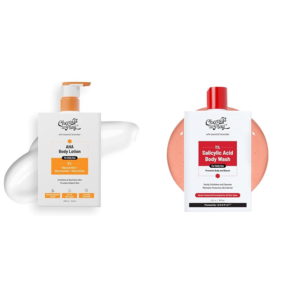 Chemist At Play AHA Body Lotion with 5% Natural AHA, 236ml + 1% Salicylic Acid Body Wash 236ml + Prevents Body Acne, Bumpy Skin & Deep Cleanses Skin