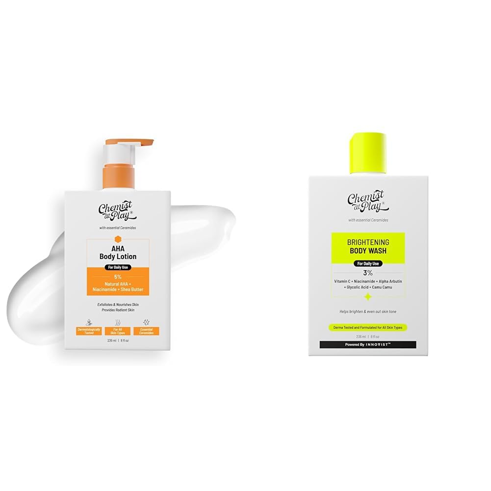 Chemist At Play AHA Body Lotion with 5% Natural AHA, 236ml + Brightening Body Wash For Women & Men | 236ml +