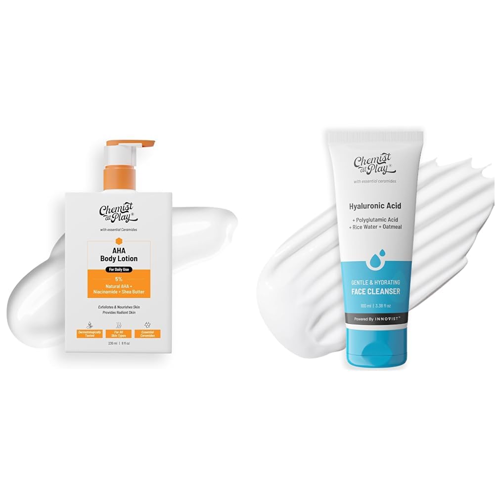 Chemist At Play AHA Body Lotion with 5% Natural AHA, 236ml + Gentle & Hydrating Face Cleanser For All Skin Types | For Men & Women | Vegan | 100 ml