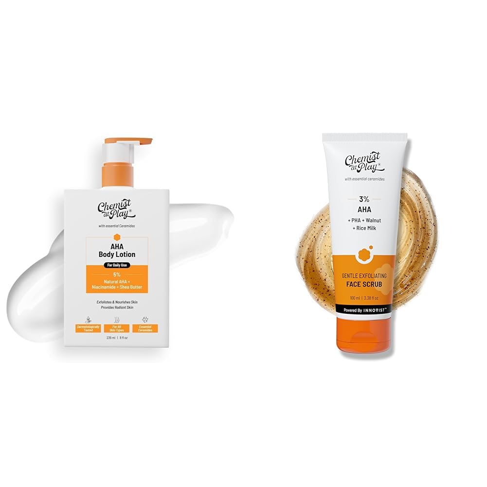 Chemist At Play AHA Body Lotion with 5% Natural AHA, 236ml + Gentle Exfoliating Face Scrub with Mandelic Acid & Walnuts for Women & Men | 100ml
