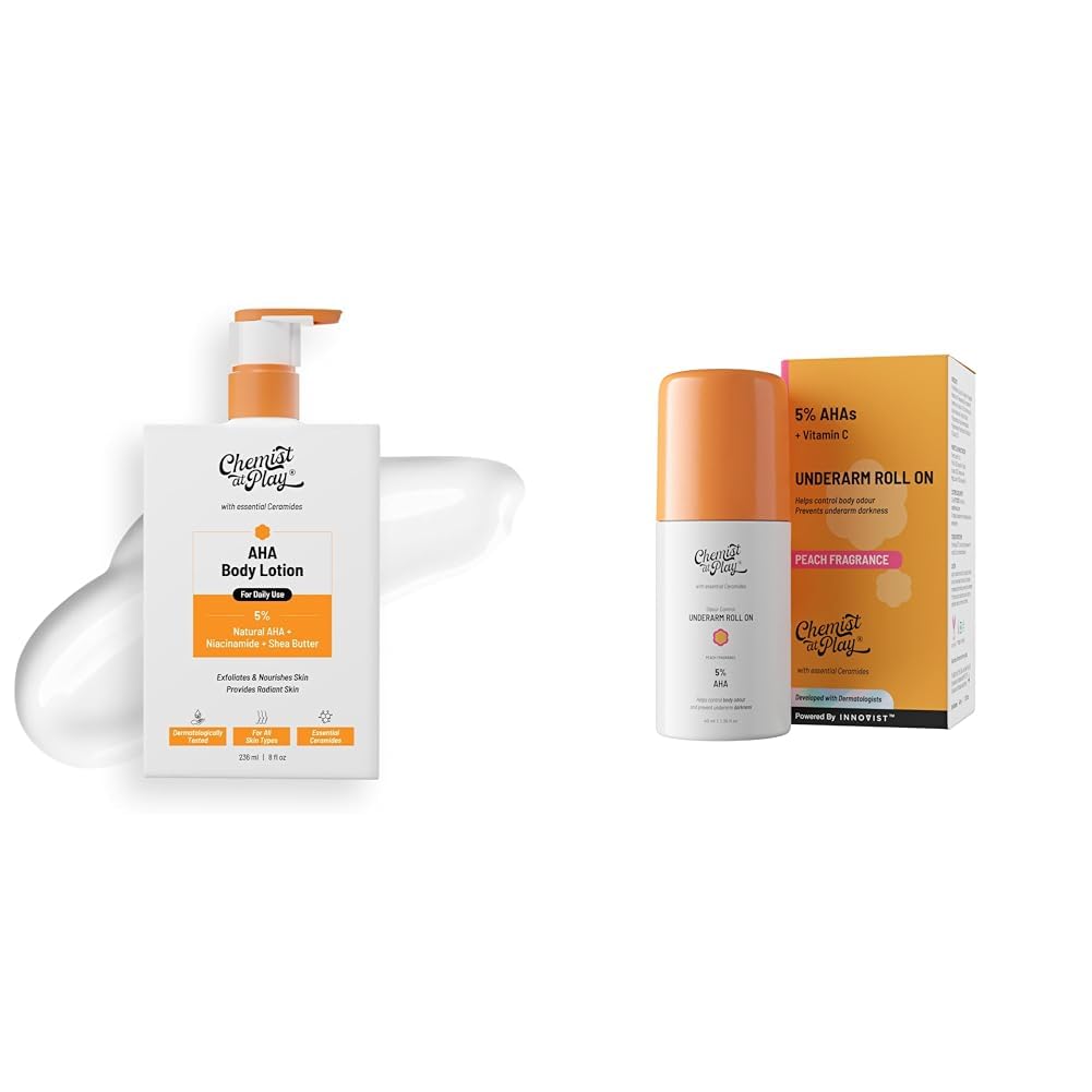 Chemist At Play AHA Body Lotion with 5% Natural AHA, 236ml + UnderArm Roll-On Deodorant with 5% AHA Vegan | SLS Free | 40ml