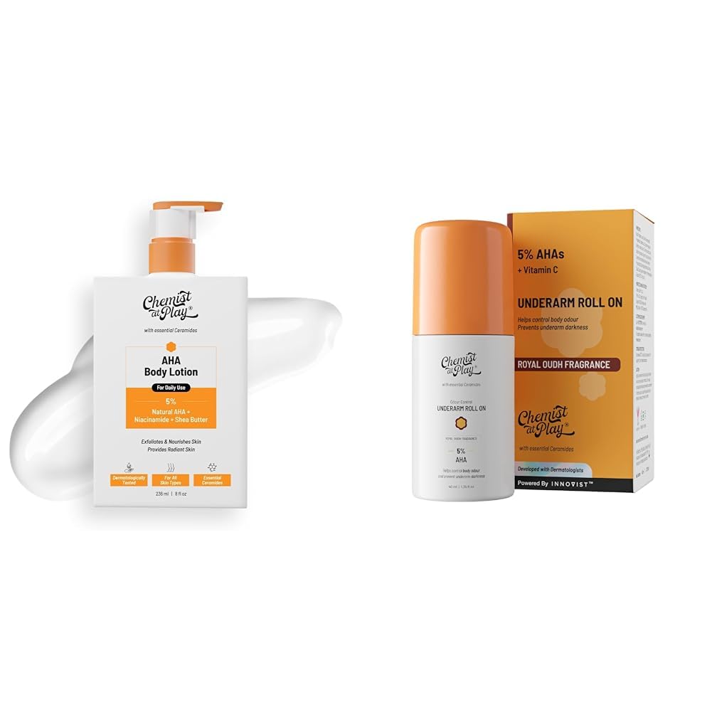 Chemist At Play AHA Body Lotion with 5% Natural AHA, 236ml + UnderArm Roll-On Deodorant with 5% AHA, Lactic Acid & 1% Mandelic Acid Vegan | SLS Free | 40ml