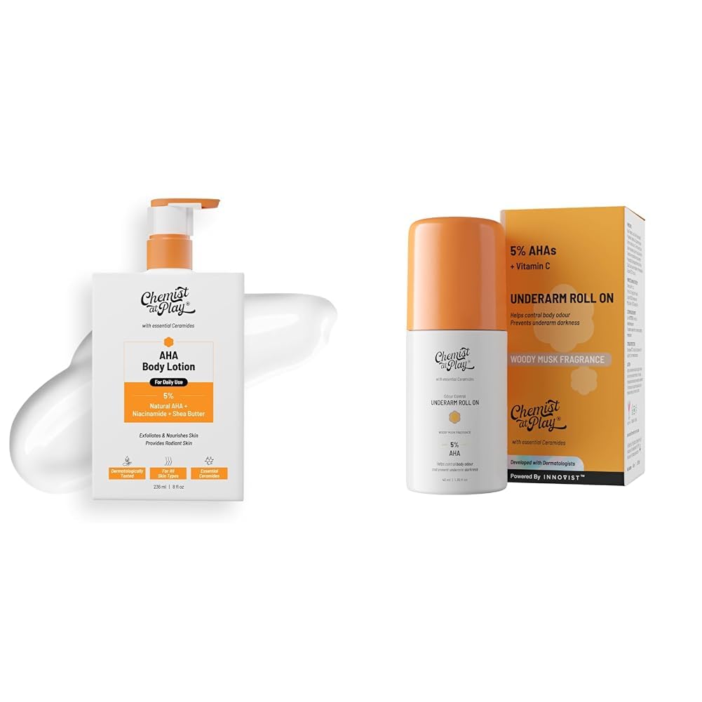 Chemist At Play AHA Body Lotion with 5% Natural AHA, 236ml + UnderArm Roll-On Deodorant with 5% AHA, Lactic Acid & 1% Mandelic Acid Vegan | SLS Free | 40ml