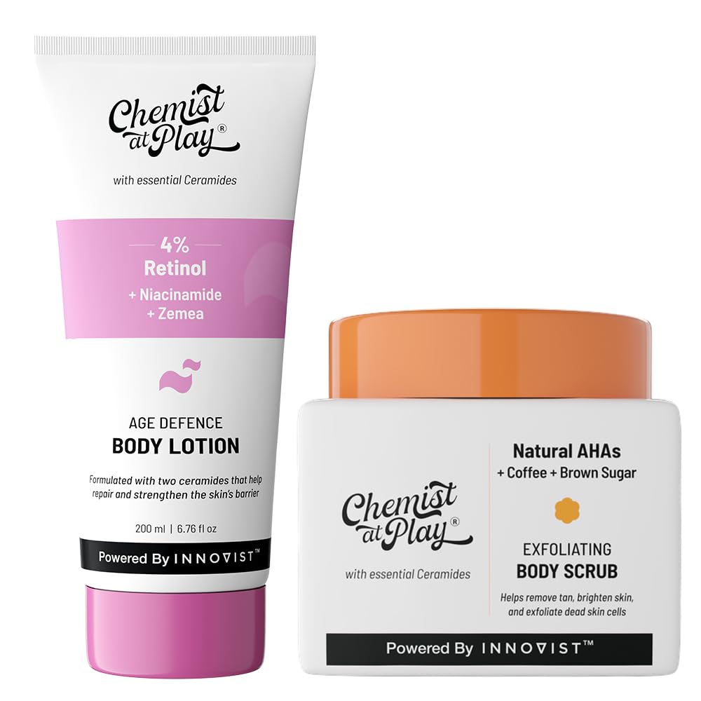 Chemist at Play Anti-Aging Body Lotion with 4% Retinol, Niacinamide & Zemea 200ml + Exfoliating Body Scrub For Removing Tan & Dead Skin Cells | Helps With Rough & Bumpy, Tanned...