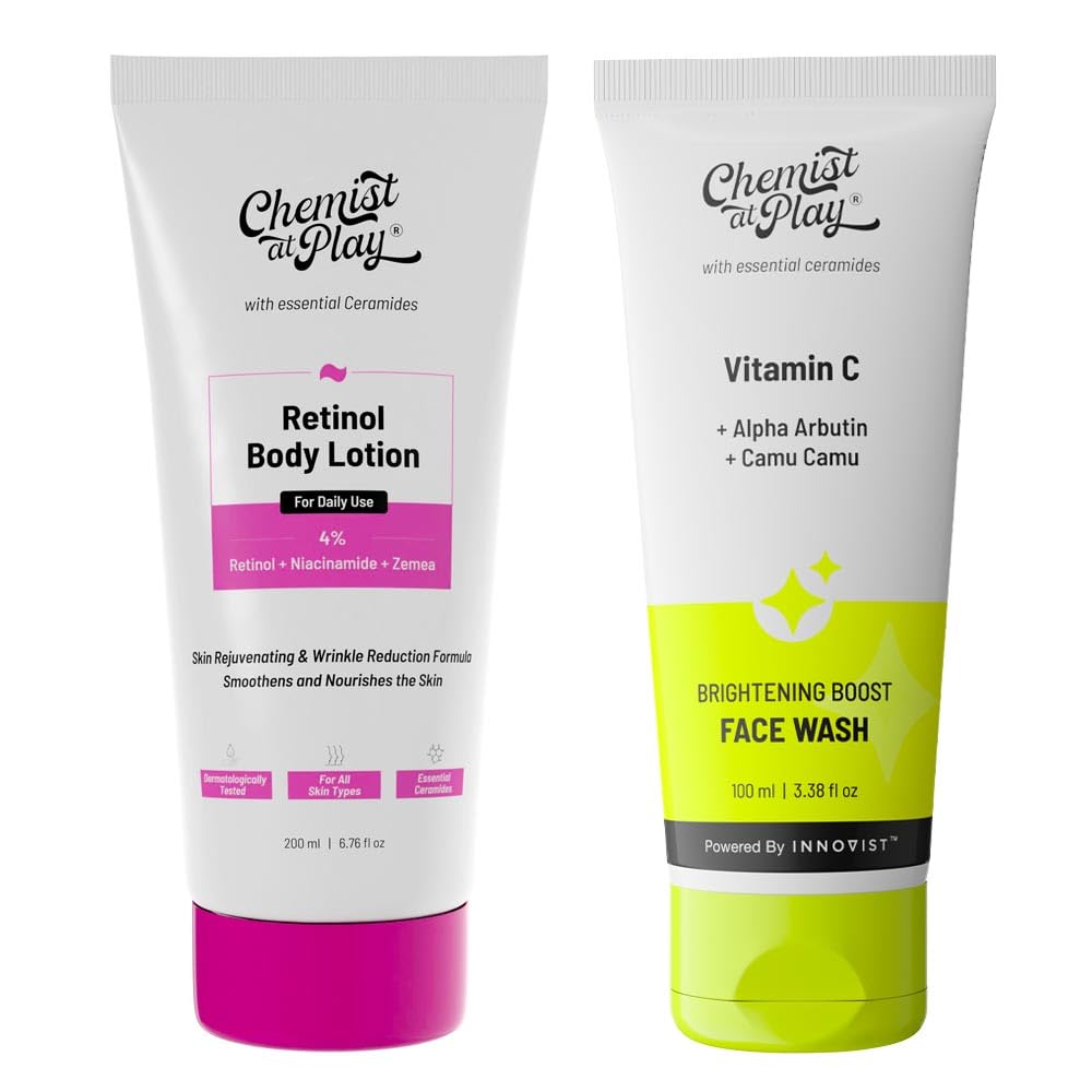 Chemist at Play Anti-Aging Body Lotion with 4% Retinol, Niacinamide & Zemea 200ml + Brightening Boost Face Wash | Brightens & Gives Radiance | Cleans Oil & Dirt 100 ml