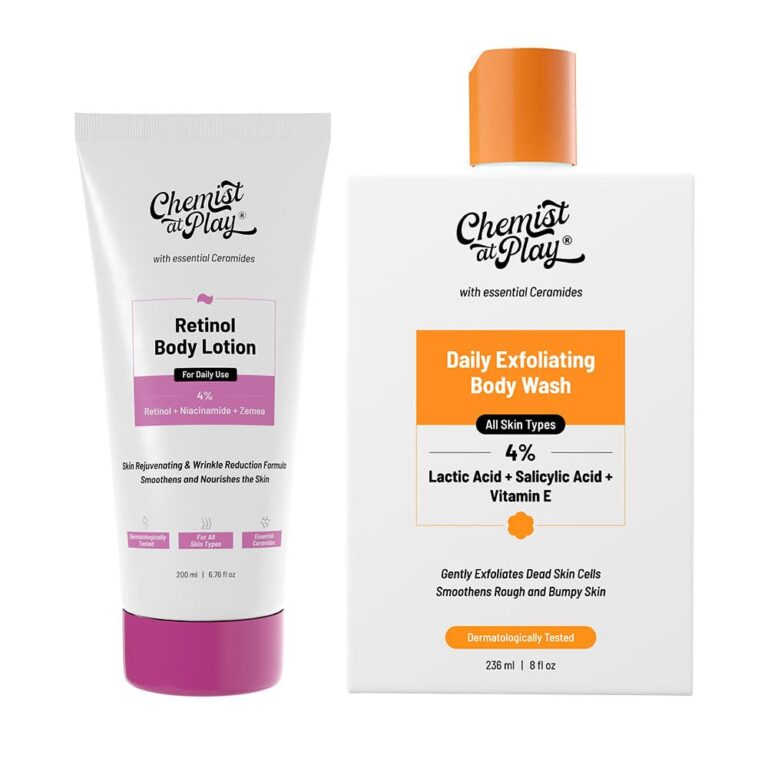 Chemist at Play Anti-Aging Body Lotion with 4% Retinol, Niacinamide & Zemea 200ml + Exfoliating Body Wash with Ceramides | 4% Lactic Acid + Salicylic Acid + Vitamin E 236ml