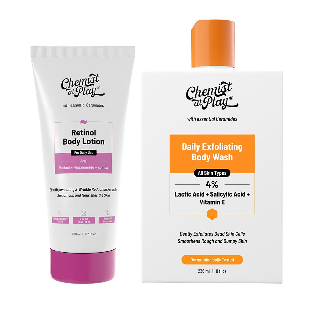 Chemist at Play Anti-Aging Body Lotion with 4% Retinol, Niacinamide & Zemea 200ml + Exfoliating Body Wash with Ceramides | 4% Lactic Acid + Salicylic Acid + Vitamin E 236ml