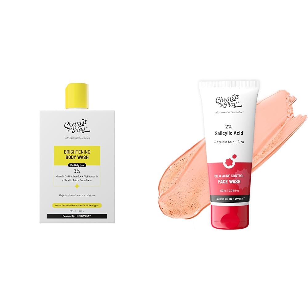 Chemist At Play Brightening Body Wash For Women & Men | 236mL + 2% Salicylic Acid Acne Face Wash For Oily Skin with Niacinamide For Men & Women | 100 ml