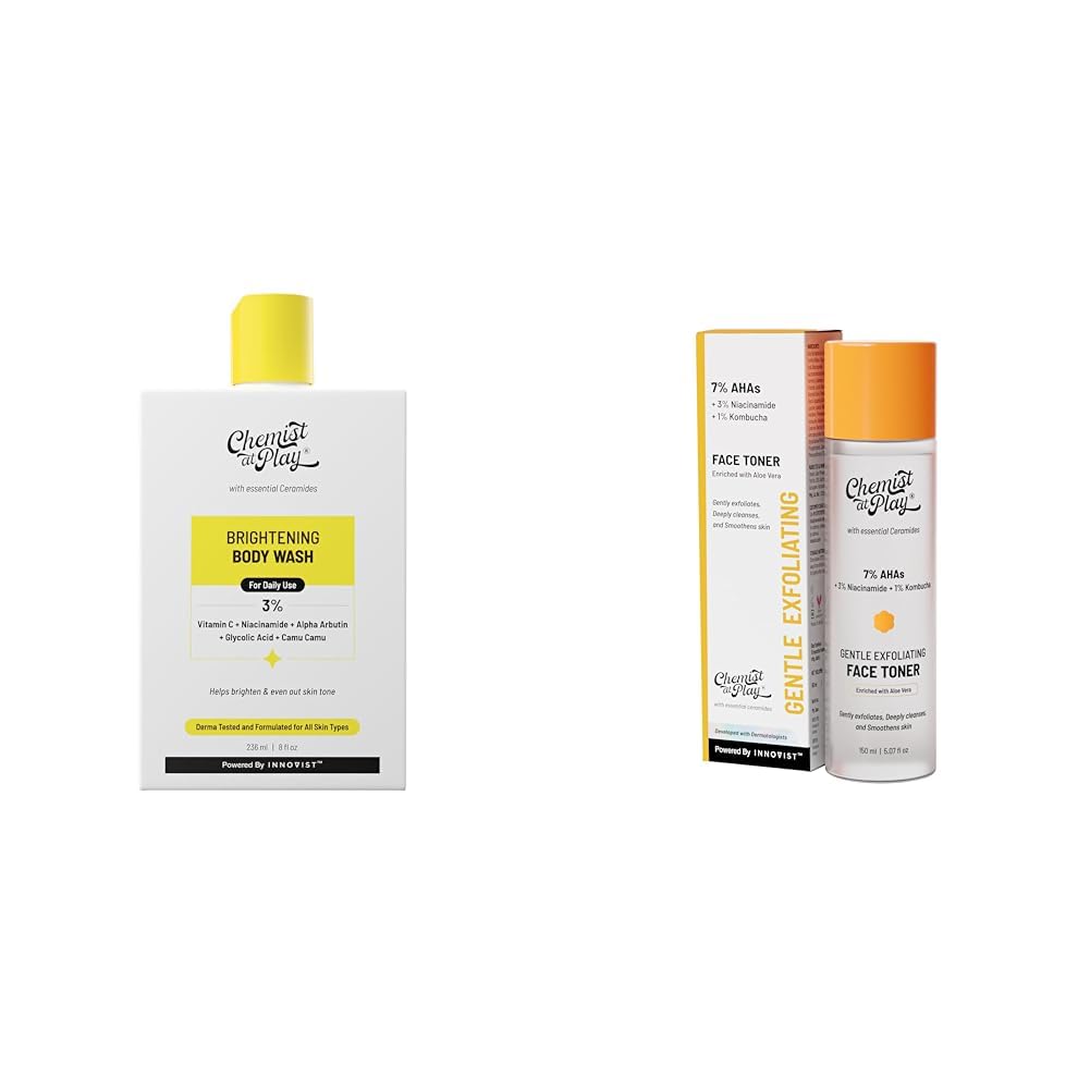Chemist At Play Brightening Body Wash For Women & Men | 236mL Glycolic Acid Face Toner for Gentle Exfoliation & Skin Hydration| 150ml