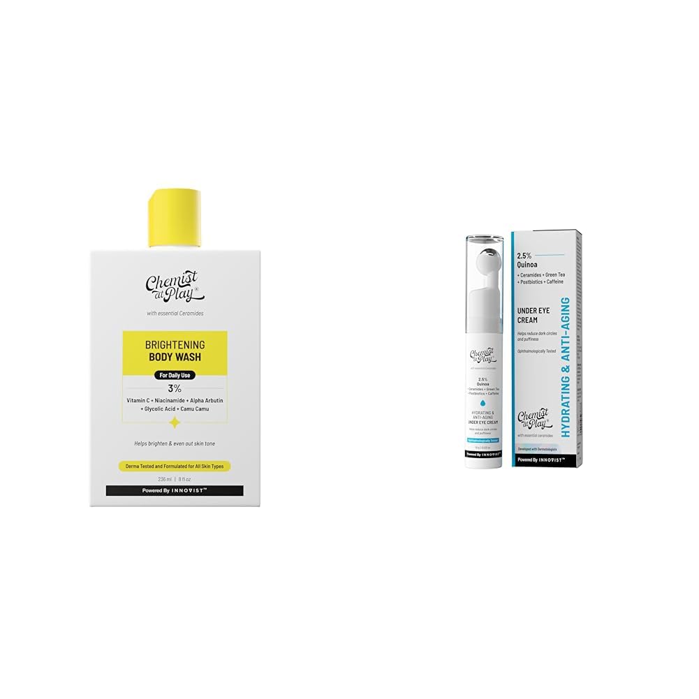 Chemist At Play Brightening Body Wash For Women & Men | 236mL Under Eye Cream with 2% Revital Eye & Quinoa Extract Cooling Gel & Roller for Men & Women | 15 g