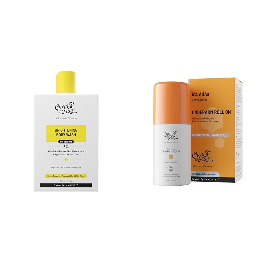 Chemist At Play Brightening Body Wash For Women & Men | 236mL UnderArm Roll-On Deodorant with 5% AHA, Lactic Acid & 1% Mandelic Acid Vegan | SLS Free | 40ml