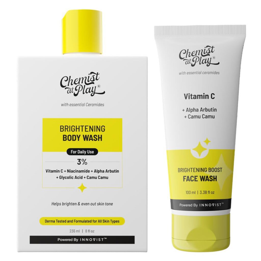 Chemist at Play Brightening Body Wash | Glowing Skin Vitamin C Bodywash 236ml + 30x Vitamin C Face Wash | Cleans Oil & Dirt | Fades Dark Spots | For All Skin Types - 100ml