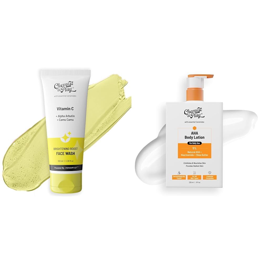 Chemist At Play Brightening Boost Face Wash with 30x Vitamin C For Men & Women | Vegan | SLS & Paraben Free | 100 ml AHA Body Lotion with 5% Natural AHA, 236ml