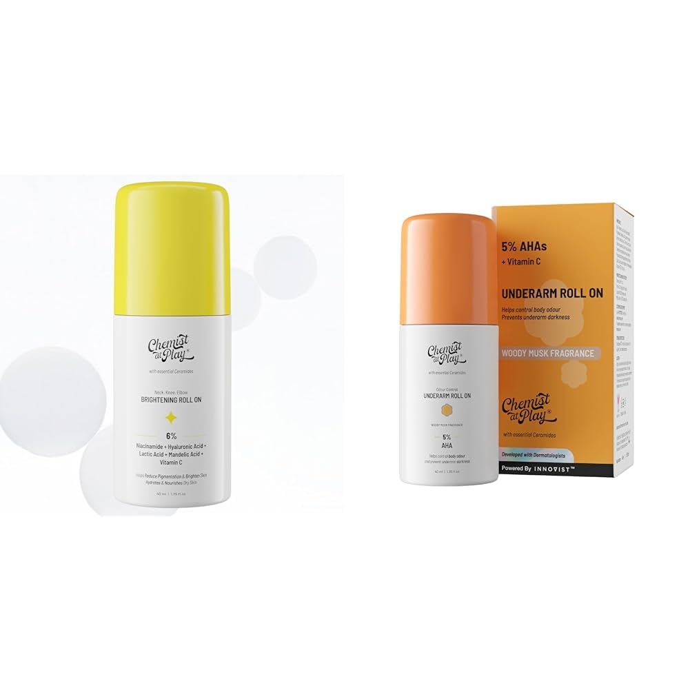 Chemist At Play Brightening & Whitening Roll On Serum For Neck, 40ml + UnderArm Roll-On Deodorant with 5% AHA, Lactic Acid & 1% Mandelic Acid Vegan | SLS Free | 40ml +