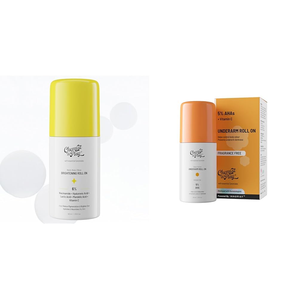 Chemist At Play Brightening & Whitening Roll On Serum For Neck, 40ml + UnderArm Roll-On with 5% AHA, Lactic Acid & 1% Mandelic Acid Vegan | SLS Free | 40ml +