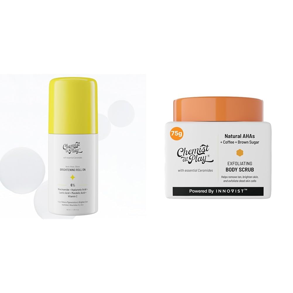Chemist At Play Brightening & Whitening Roll On Serum For Neck, 40ml + Exfoliating Body Scrub For Removing Tan & Dead Skin Cells For Men & Women | 75g