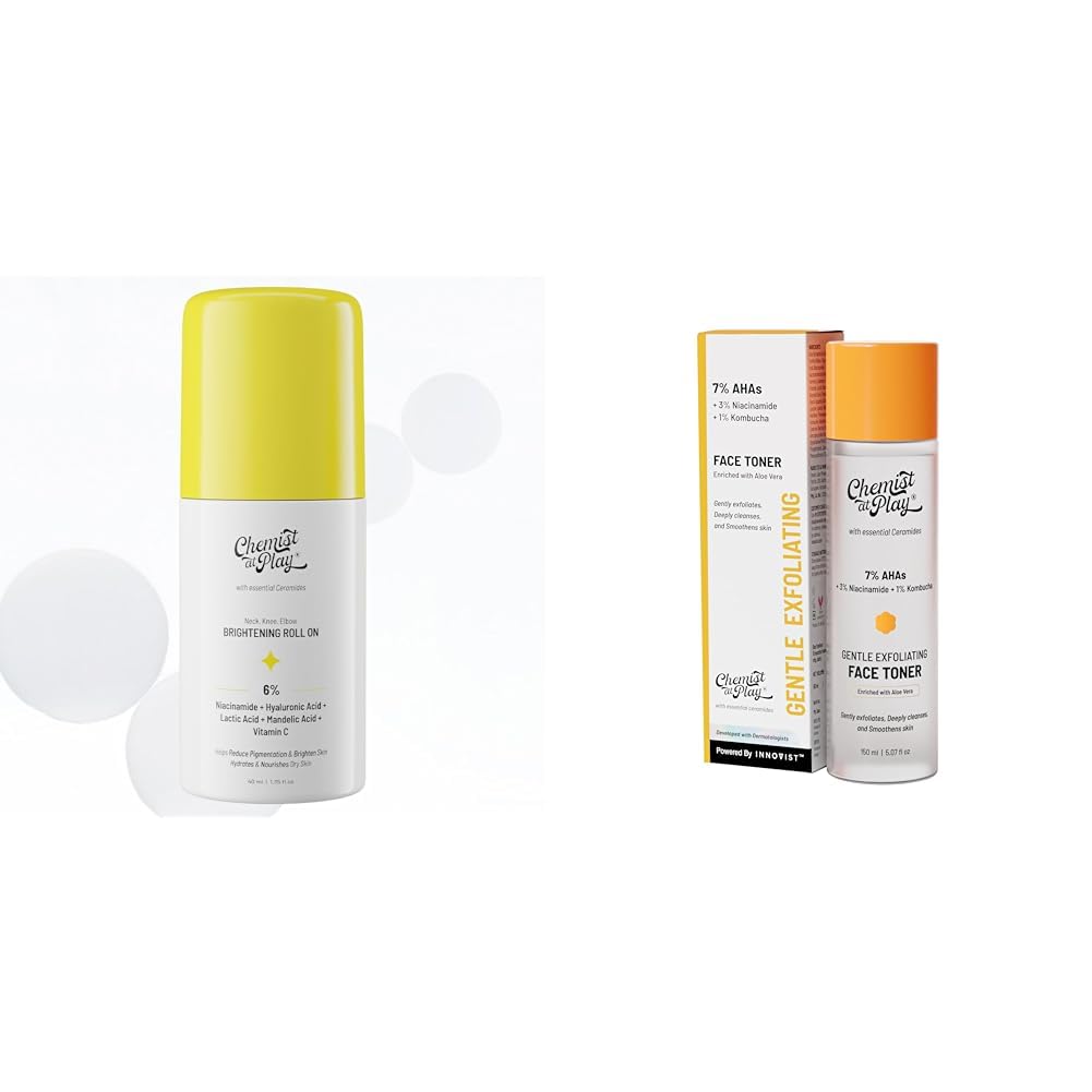 Chemist At Play Brightening & Whitening Roll On Serum For Neck, 40ml + Glycolic Acid Face Toner for Gentle Exfoliation & Skin Hydration| 150ml