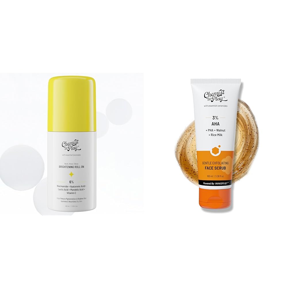 Chemist At Play Brightening & Whitening Roll On Serum For Neck, 40ml + Gentle Exfoliating Face Scrub with Mandelic Acid & Walnuts for Women & Men | 100ml