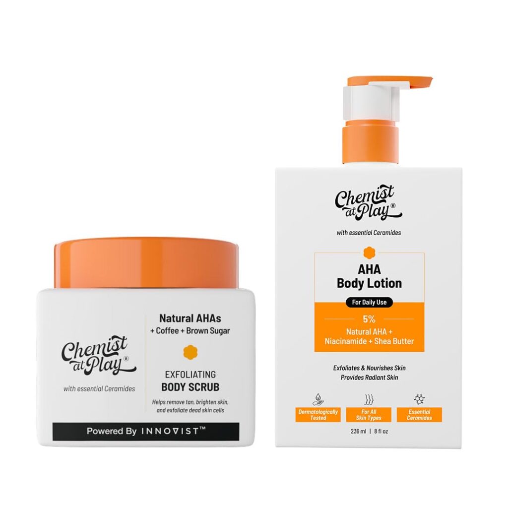 Chemist at Play Exfoliating Body Scrub For Removing Tan & Dead Skin Cells + AHA Body Lotion with 5% Natural AHA, Niacinamide, Shea Butter 236ml