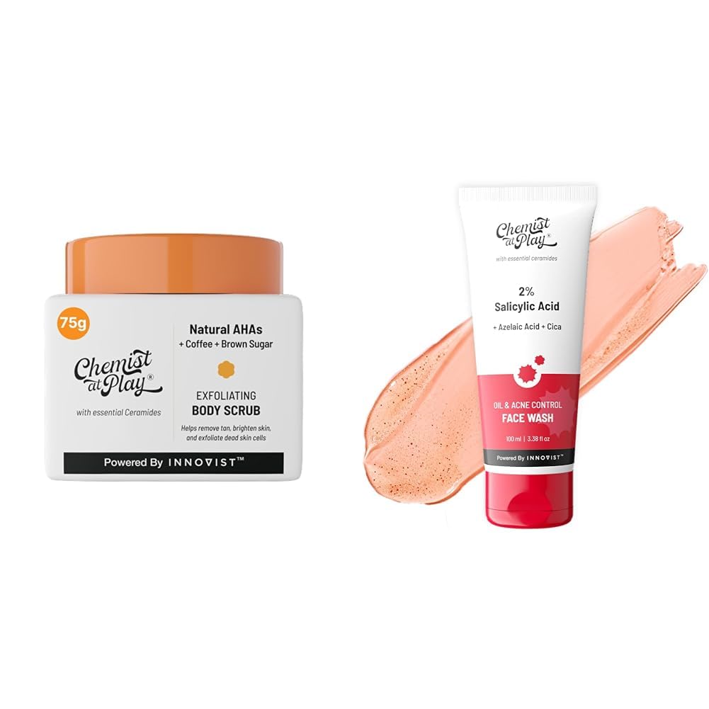 Chemist At Play Exfoliating Body Scrub For Removing Tan & Dead Skin Cells For Men & Women | 75g + 2% Salicylic Acid Acne Face Wash For Oily Skin with Niacinamide For Men & Women...