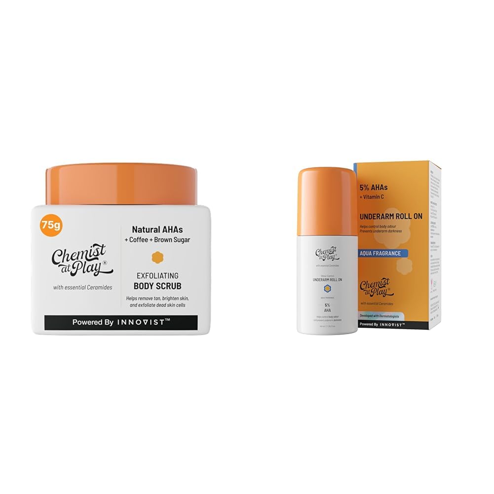 Chemist At Play Exfoliating Body Scrub For Removing Tan & Dead Skin Cells For Men & Women | 75g UnderArm Roll-On with 5% AHA, Lactic Acid & 1% Mandelic Acid Vegan | SLS Free | 40ml