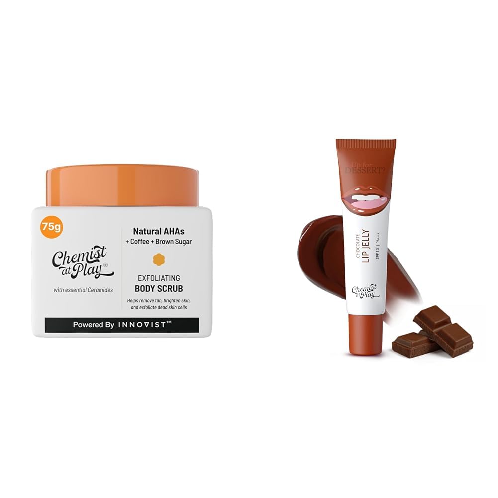 Chemist At Play Exfoliating Body Scrub For Removing Tan & Dead Skin Cells For Men & Women | 75gChocolate Tinted Lip Balm