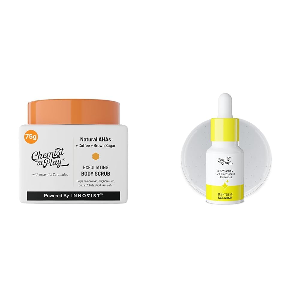Chemist At Play Exfoliating Body Scrub For Removing Tan & Dead Skin Cells For Men & Women | 75gVitamin C serum 10ml