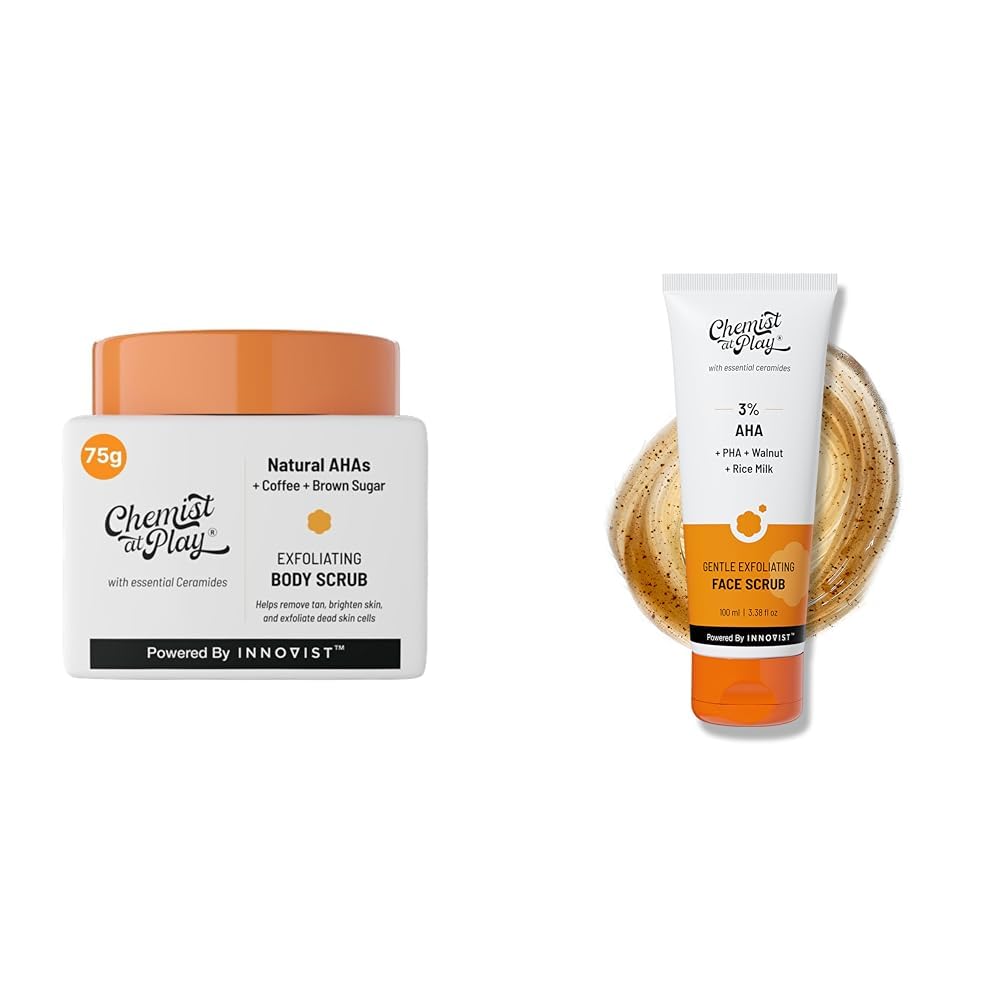Chemist At Play Exfoliating Body Scrub For Removing Tan & Dead Skin Cells For Men & Women | 75g Gentle Exfoliating Face Scrub with Mandelic Acid & Walnuts for Women & Men | 100ml