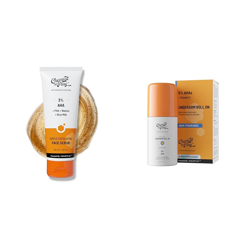 Chemist At Play Gentle Exfoliating Face Scrub with Mandelic Acid & Walnuts for Women & Men | 100ml UnderArm Roll-On with 5% AHA, Lactic Acid & 1% Mandelic Acid Vegan | SLS Free...