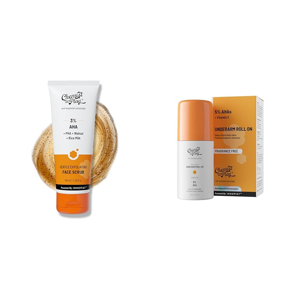 Chemist At Play Gentle Exfoliating Face Scrub with Mandelic Acid & Walnuts for Women & Men | 100ml UnderArm Roll-On with 5% AHA, Lactic Acid & 1% Mandelic Acid Vegan | SLS Free...