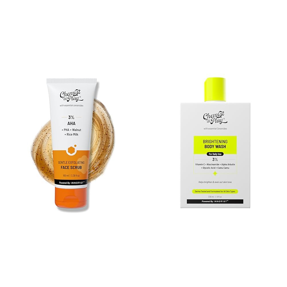 Chemist At Play Gentle Exfoliating Face Scrub with Mandelic Acid & Walnuts for Women & Men | 100ml Brightening Body Wash For Women & Men | 236mL