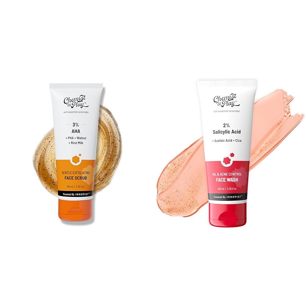Chemist At Play Gentle Exfoliating Face Scrub with Mandelic Acid & Walnuts for Women & Men | 100ml + 2% Salicylic Acid Acne Face Wash For Oily Skin with Niacinamide For Men &...