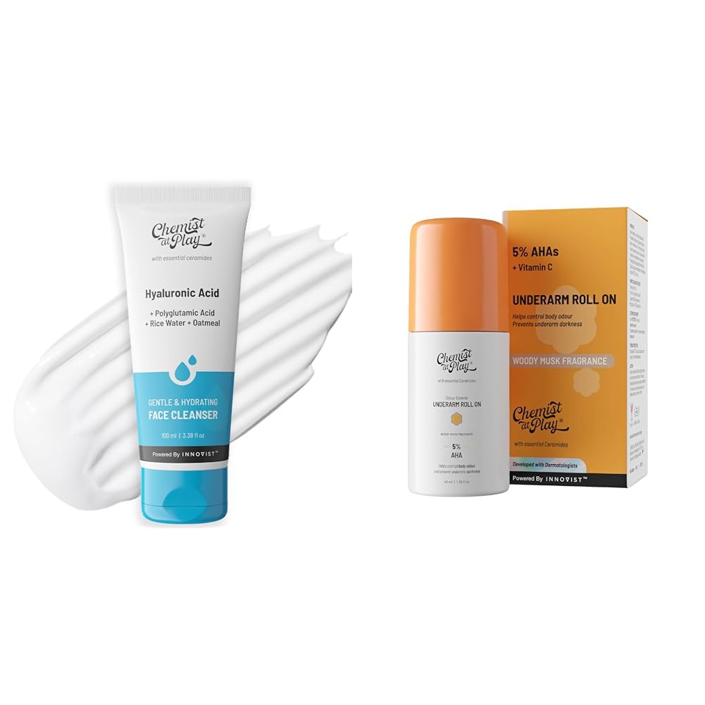 Chemist At Play Gentle & Hydrating Face Cleanser For All Skin Types | For Men & Women | Vegan | 100 ml UnderArm Roll-On Deodorant with 5% AHA, Lactic Acid & 1% Mandelic Acid...