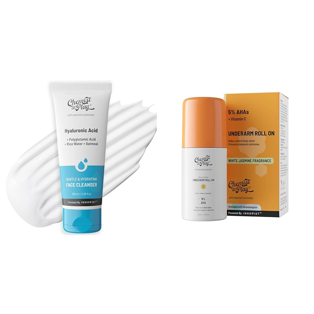 Chemist At Play Gentle & Hydrating Face Cleanser For All Skin Types | For Men & Women | Vegan | 100 ml UnderArm Roll-On Deodorant with 5% AHA, Lactic Acid & 1% Mandelic Acid...