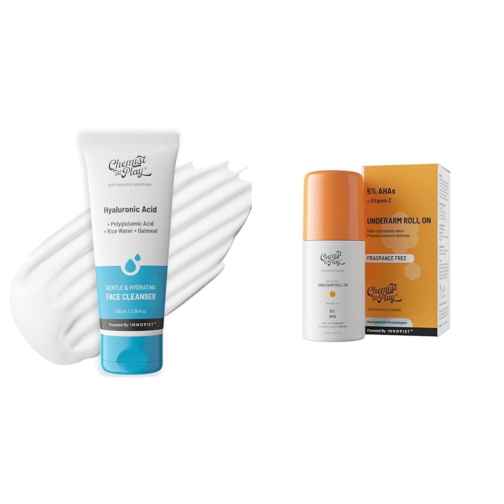 Chemist At Play Gentle & Hydrating Face Cleanser For All Skin Types | For Men & Women | Vegan | 100 ml UnderArm Roll-On with 5% AHA, Lactic Acid & 1% Mandelic Acid Vegan | SLS...