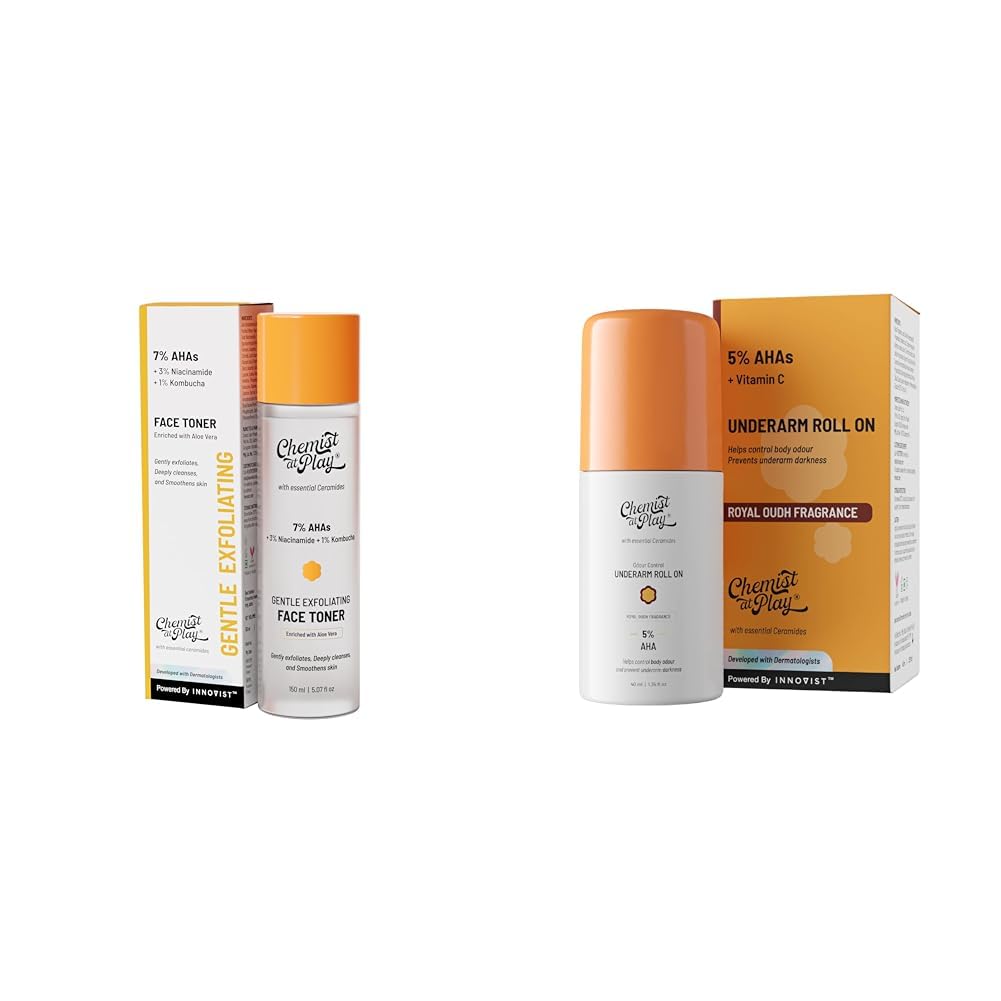 Chemist At Play Glycolic Acid Face Toner for Gentle Exfoliation & Skin Hydration| 150ml + UnderArm Roll-On Deodorant with 5% AHA, Lactic Acid & 1% Mandelic Acid Vegan | SLS Free...