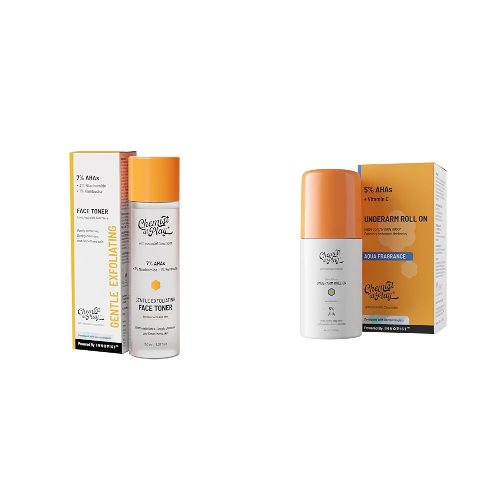Chemist At Play Glycolic Acid Face Toner for Gentle Exfoliation & Skin Hydration| 150ml + UnderArm Roll-On with 5% AHA, Lactic Acid & 1% Mandelic Acid Vegan | SLS Free | 40ml