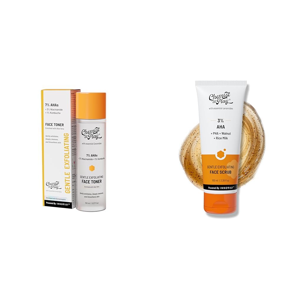 Chemist At Play Glycolic Acid Face Toner for Gentle Exfoliation & Skin Hydration| 150ml + Gentle Exfoliating Face Scrub with Mandelic Acid & Walnuts for Women & Men | 100ml