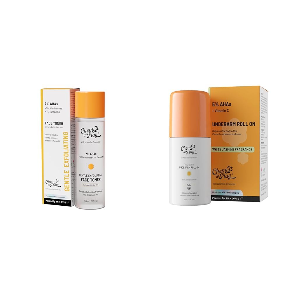 Chemist At Play Glycolic Acid Face Toner for Gentle Exfoliation & Skin Hydration| 150ml + UnderArm Roll-On Deodorant with 5% AHA, Lactic Acid & 1% Mandelic Acid Vegan | SLS Free...
