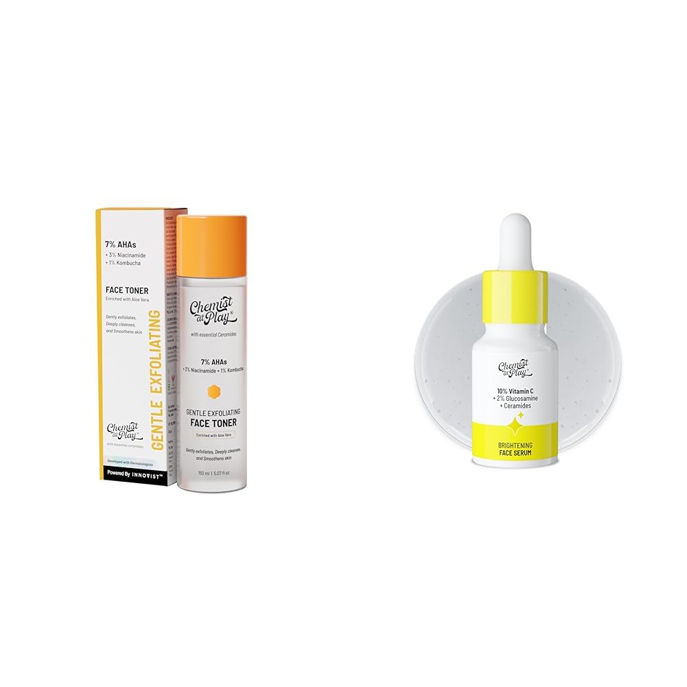 Chemist At Play Glycolic Acid Face Toner for Gentle Exfoliation & Skin Hydration | Formulated with 7% AHA, 3% Niacinamide & 1% Kombucha | 150ml +Vitamin C serum 10ml