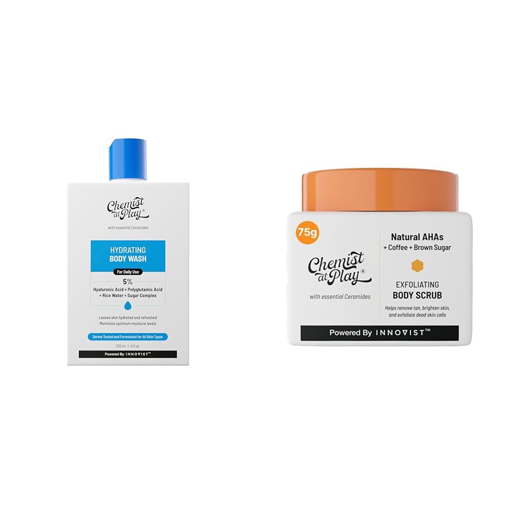 Chemist At Play Hydrating Body Wash For Women & Men | 236ml Exfoliating Body Scrub For Removing Tan & Dead Skin Cells For Men & Women | 75g